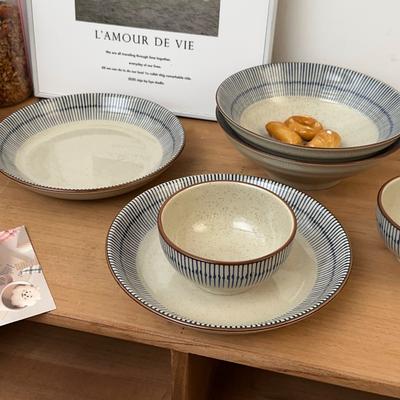 Japońska ceramiczna zastawa stołowa, zestaw naczyń, miska do ryżu w stylu retro z niebieską linią, talerz premium, miska do makaronu, miska do sałatek.