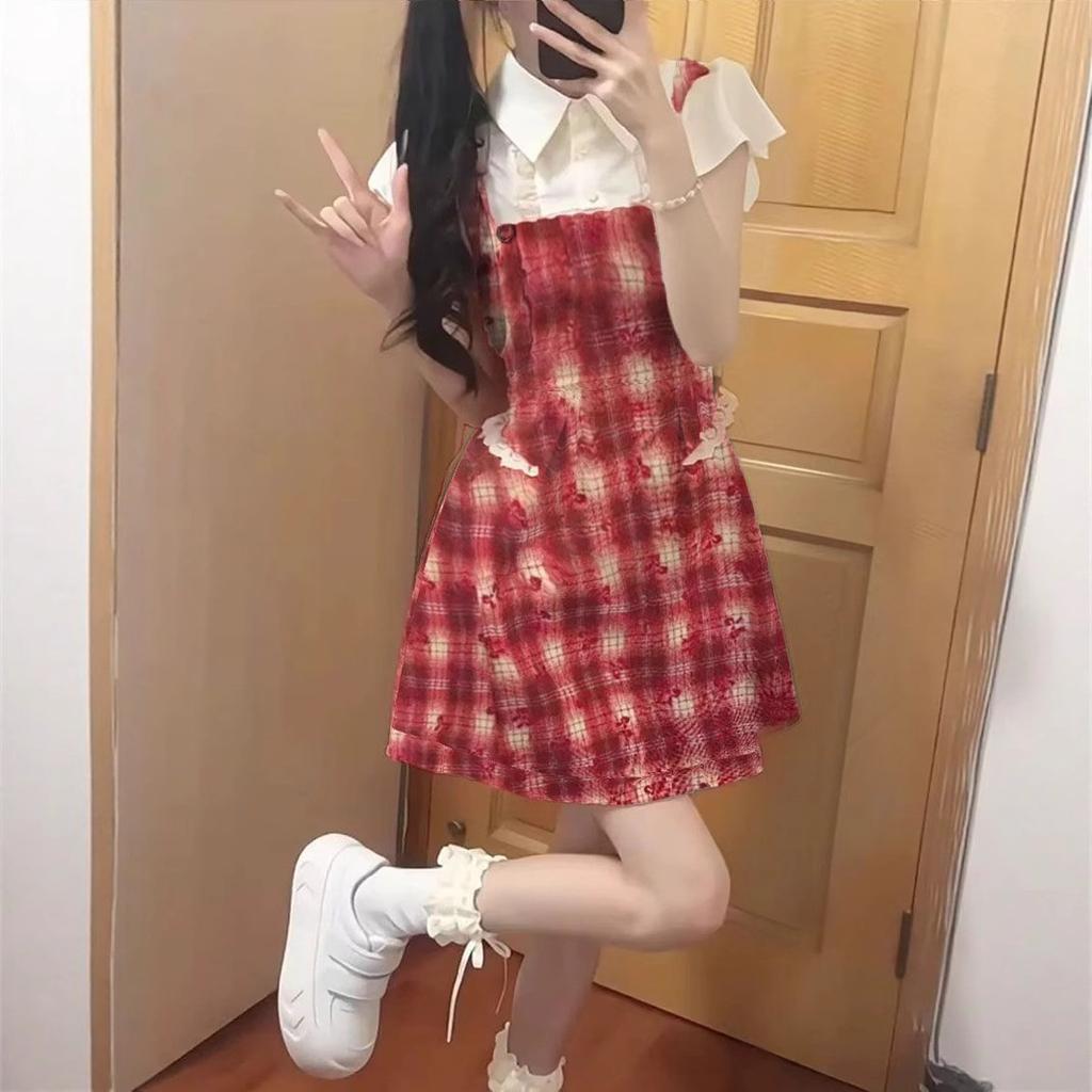 College style fake two-piece dress children's summer new design sense sweet fashion temperament princess short dress