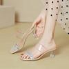 High-heeled Rhinestone One-word Slippers Summer Wear Fashion Fairy Style Transparent Crystal Thin-heeled Cool Slippers