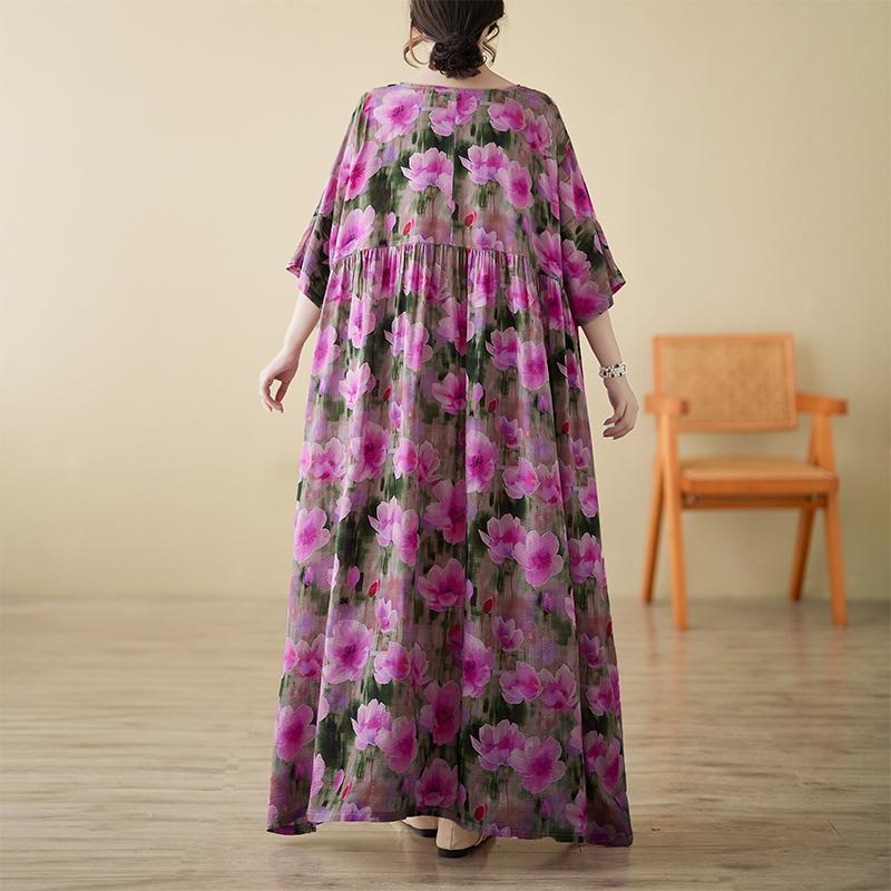 DIMANAF 2025 Women Plus Size Summer New Vintage Floral Dress Holiday Long Basic Short Sleeve Casual Loose Dress