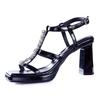 Design Sense Rhinestone Square Head High Heels Women'S Summer Fashion T-Buckle With Open-Toe Thick Heel Sandals