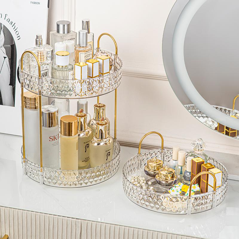 360° Rotating Cosmetic Organizer 3 Tier Transparent Diamond Pattern Cosmetic Rack Bathroom Cosmetic Vanity Organizer Countertop