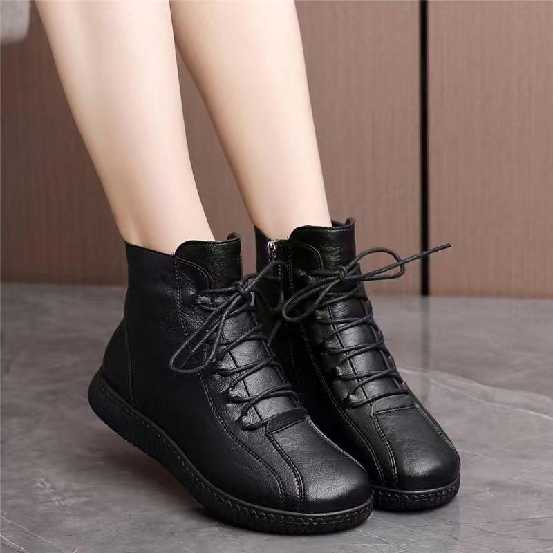 Women Winter New Leather Ankle Snow Boots Waterproof Non Slip Thicken Plush Keep Warm Round Toe Flat Sole High Top Cotton Shoes