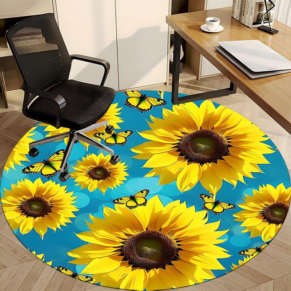 1pc Sunflowers Butterflies Office Round Area Rug, Indoor Mat Suitable For Office, Under Office Chairs Bedroom Living Room Home Decor, Room Deco