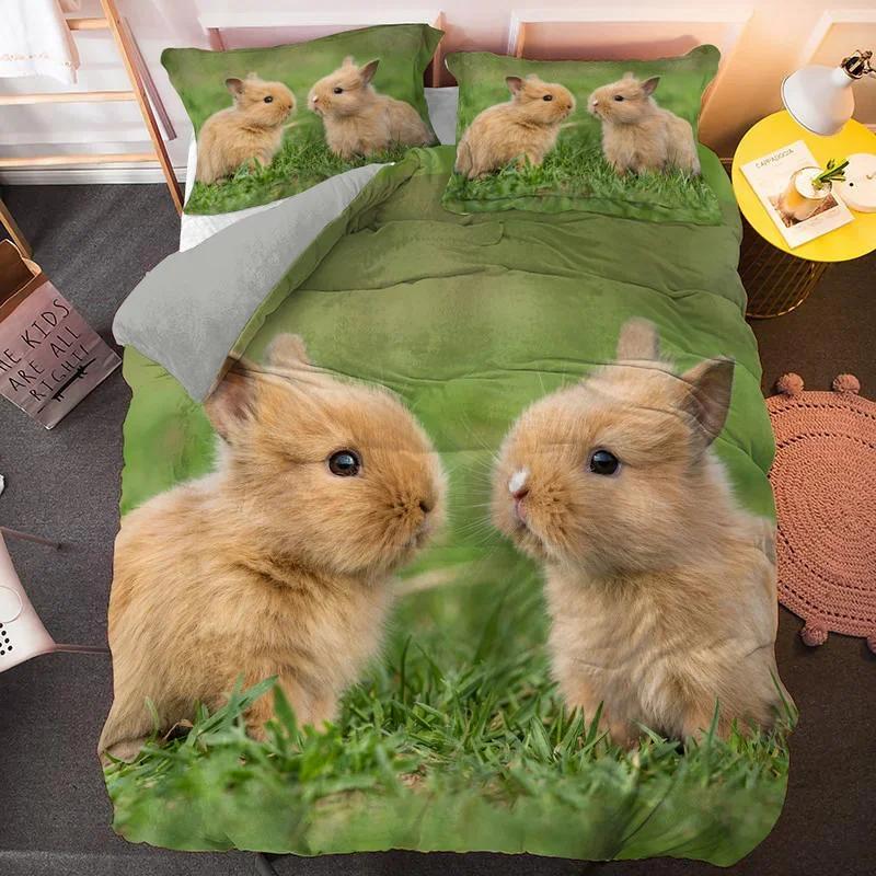 Comforter Cartoon Rabbit King Queen Pet Animal Carrot Bedding Set For Kids Easter Theme Bule 2/3Pcs Polyester