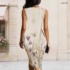Women Plus Size Olive Green Floral Printed Asymmetric Ring Strap Sleeveless Bodycon Midi Dress