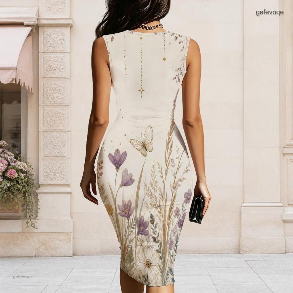 Women Plus Size Olive Green Floral Printed Asymmetric Ring Strap Sleeveless Bodycon Midi Dress