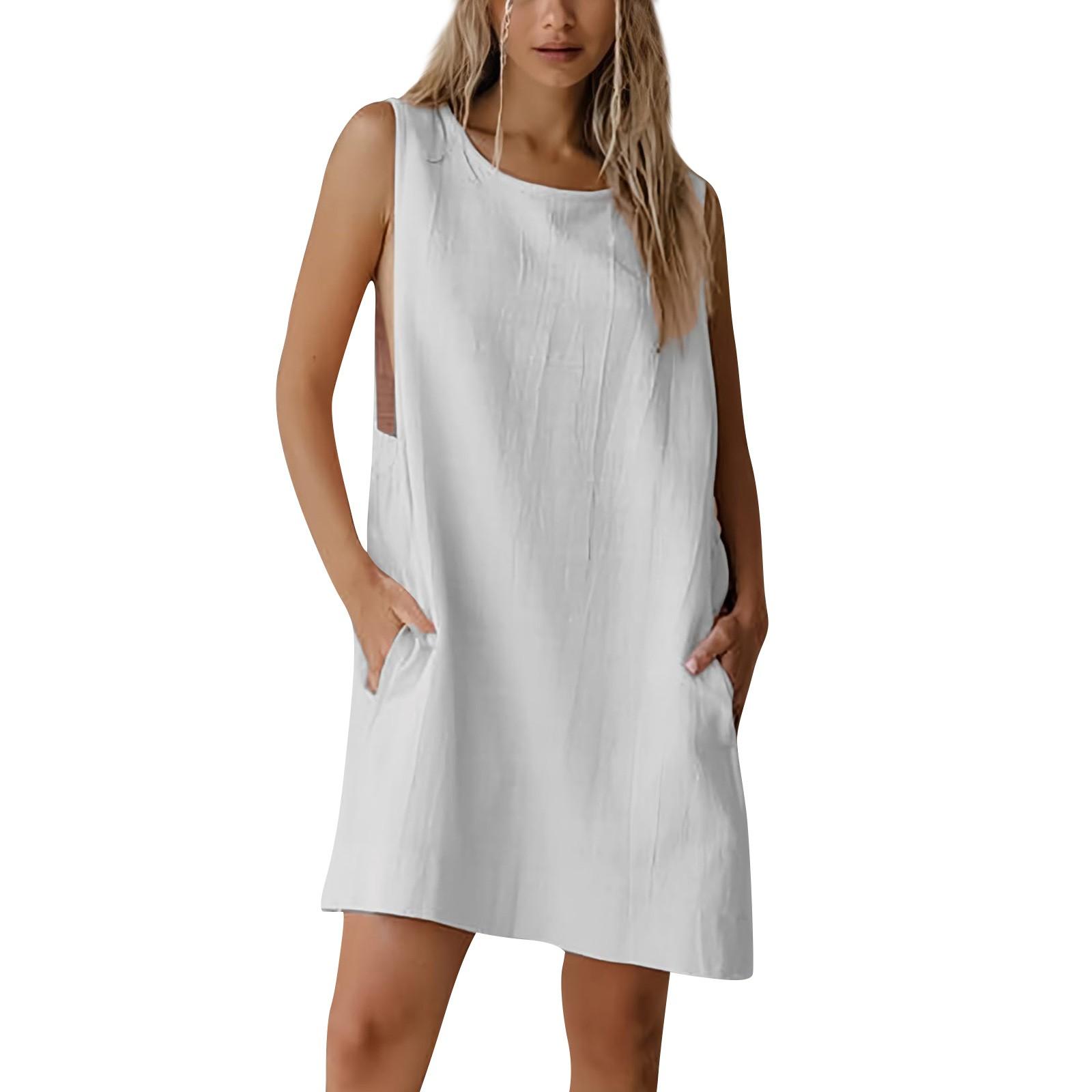 

Женское летнее льняное платье с круглым вырезом и боковыми разрезами, без рукавов, платья-жилетки S белый