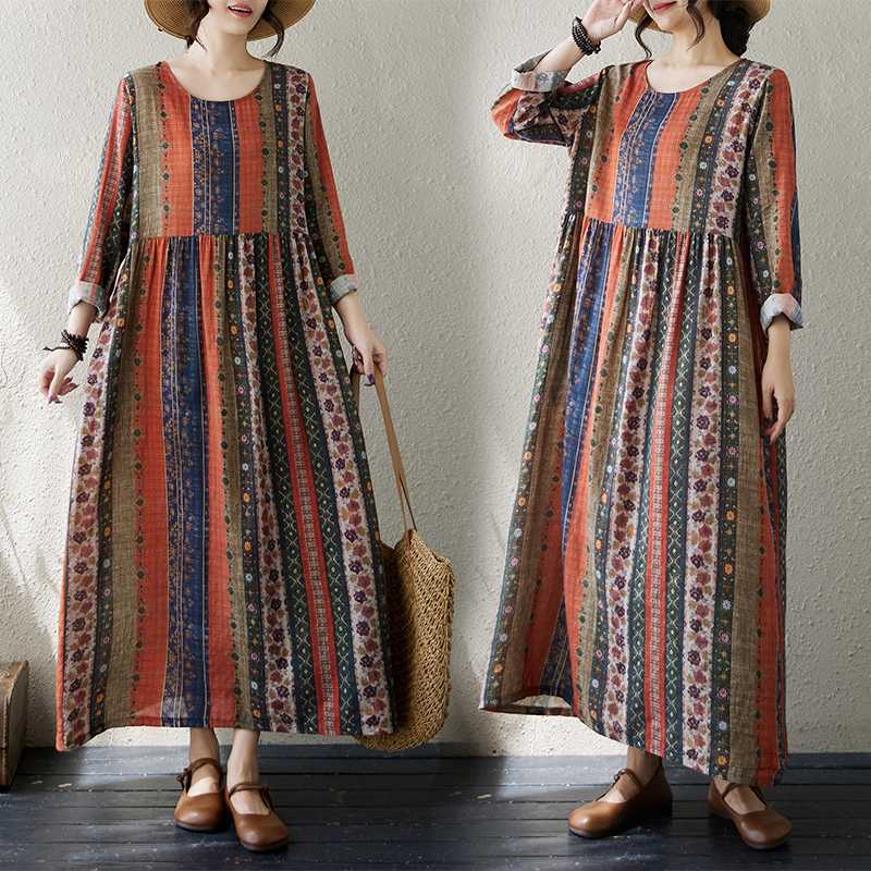 

Принтованный Свободный Тонкий Костюм Мамы Большого Размера Платье с Длинным Рукавом Женское 3XL