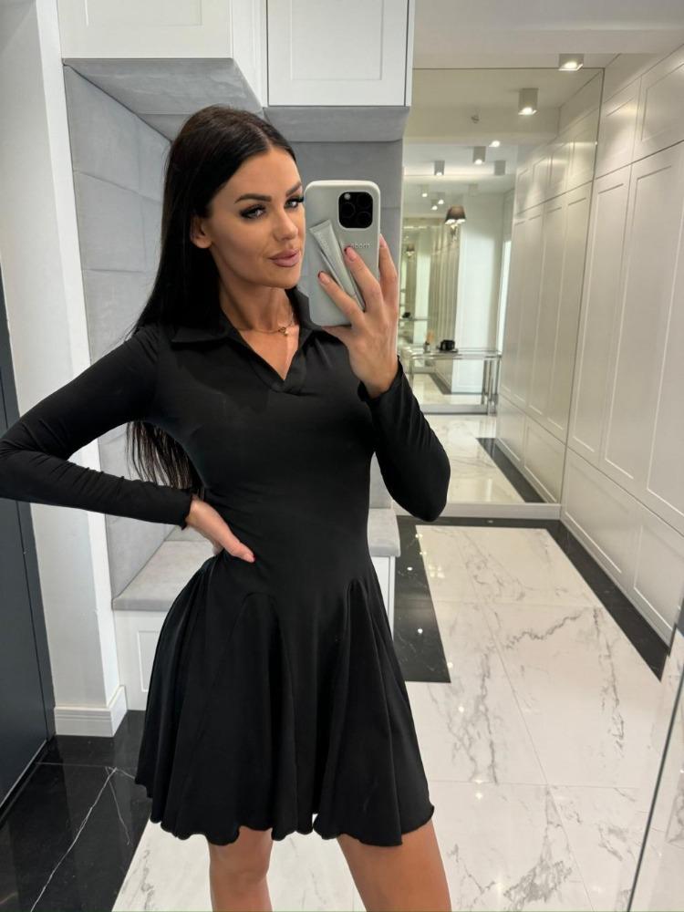 Elegant Autumn Lapel Long Sleeve High Waist Ruffle Hem Slim Pleated Short Comfortable Lightweight Recognition Elegant with Flattering Chic Dress