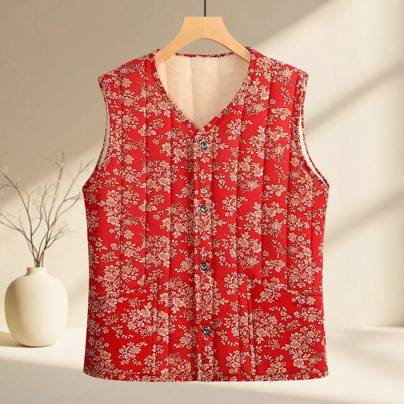 Květinová fleecem podšitá teplá vesta pro ženy středního a staršího věku