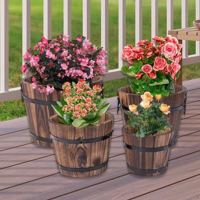 Wooden Bucket Barrel Planters Container Balcony Office Flower Pot Decorative Plant for Porch