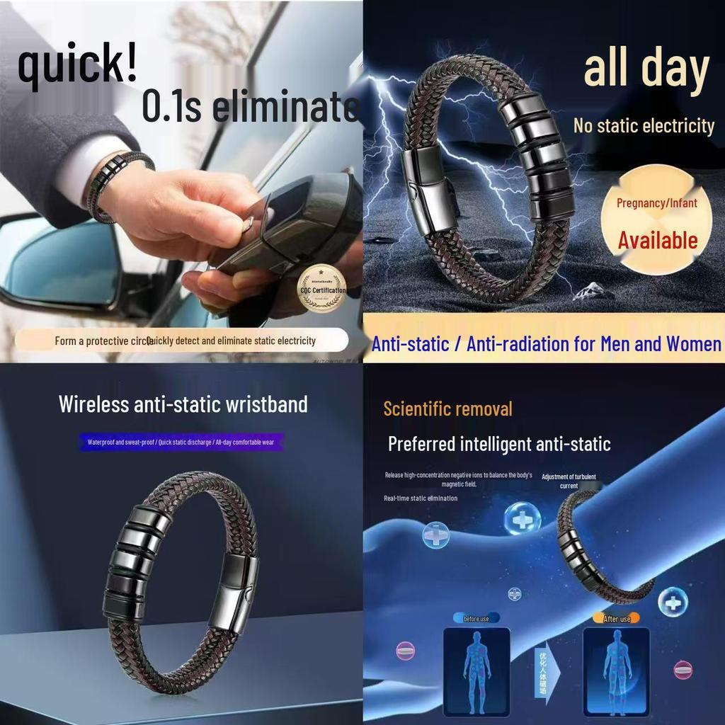 Anti-static Men's Stainless Steel Leather Magnetic Bracelet - European Retro Style
