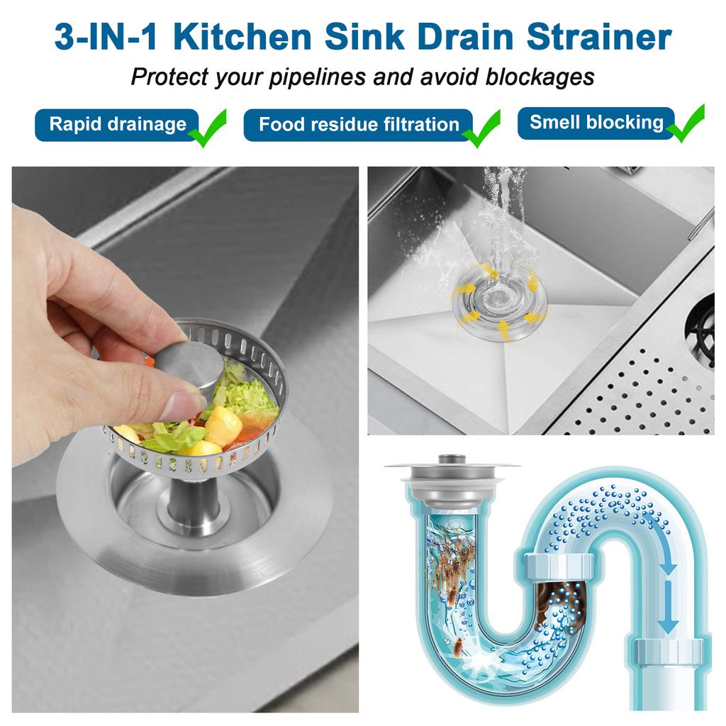 2Pcs Pop Up Sink Drain Strainer Stainless Steel Sink Stopper Hair Catcher 3 In 1 Kitchen Sink Filter Screen for Home Bathroom