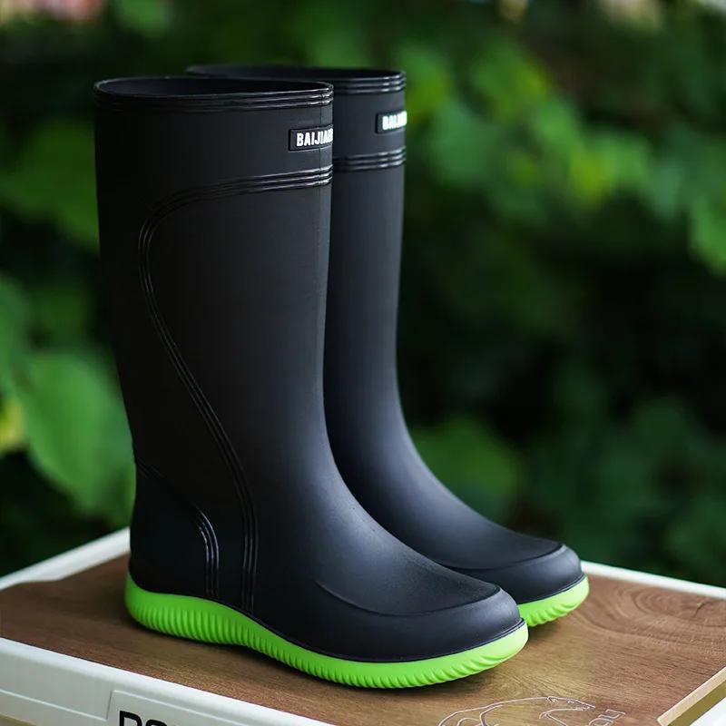 Men's Rain Boots Long Tube Water Shoes Non-slip Waterproof Safety Work Shoes Black Red Platform Cotton High-top Outer Wear
