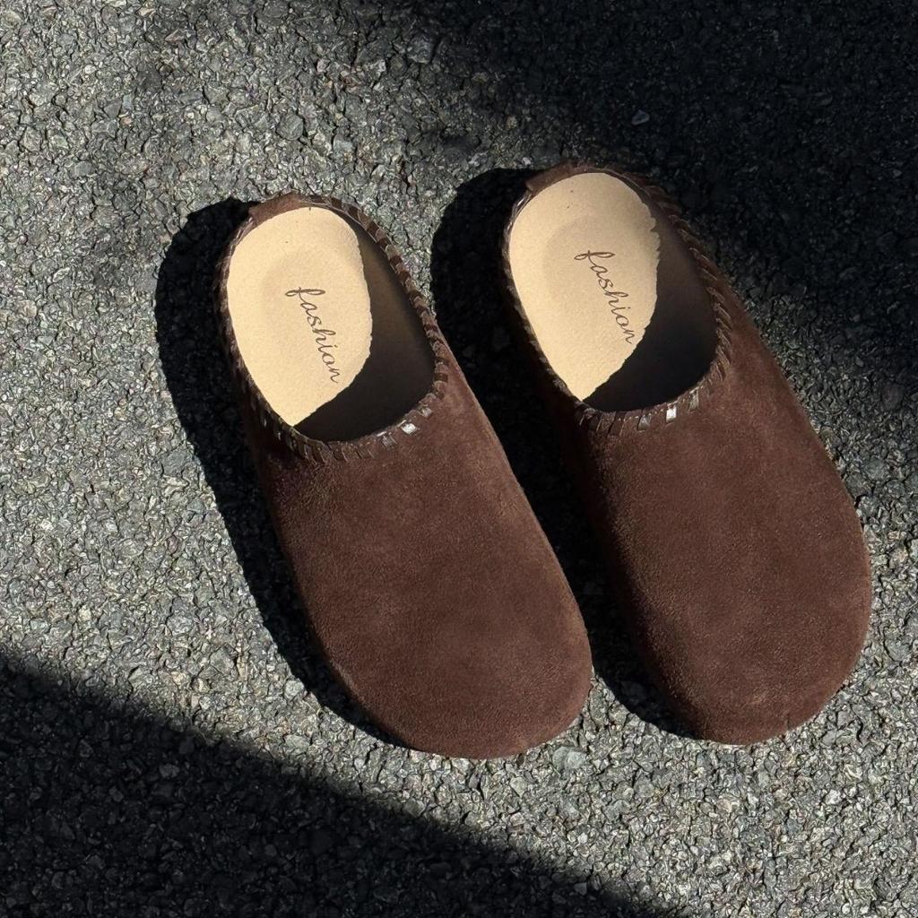 Cowhide Retro Bag Head Half Slippers Women's Outer Wear 2025 New Early Autumn One-pedal Platform Casual Boken Half-tray Shoes