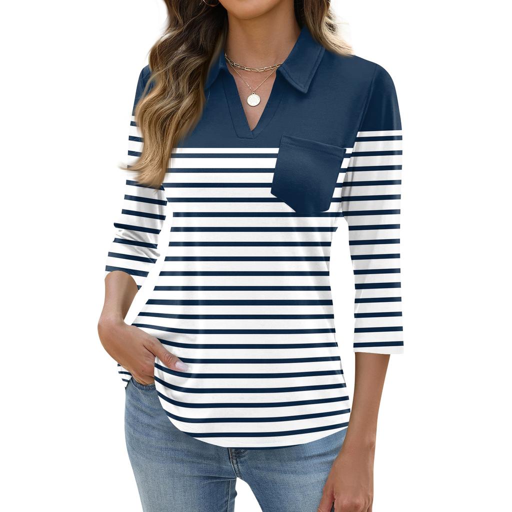 Damen Mode Lässig Revers Kurz 3/4 Ärmel Print Hemd Damen Oberteile