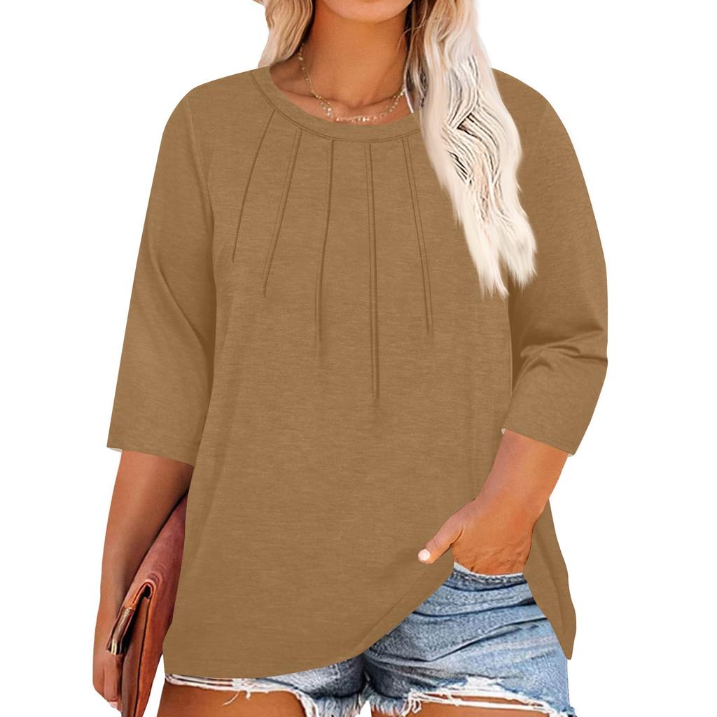 Women's Solid Color Round Neck Plus Size Tops 3/4 Sleeves Elegant Shirt Tops