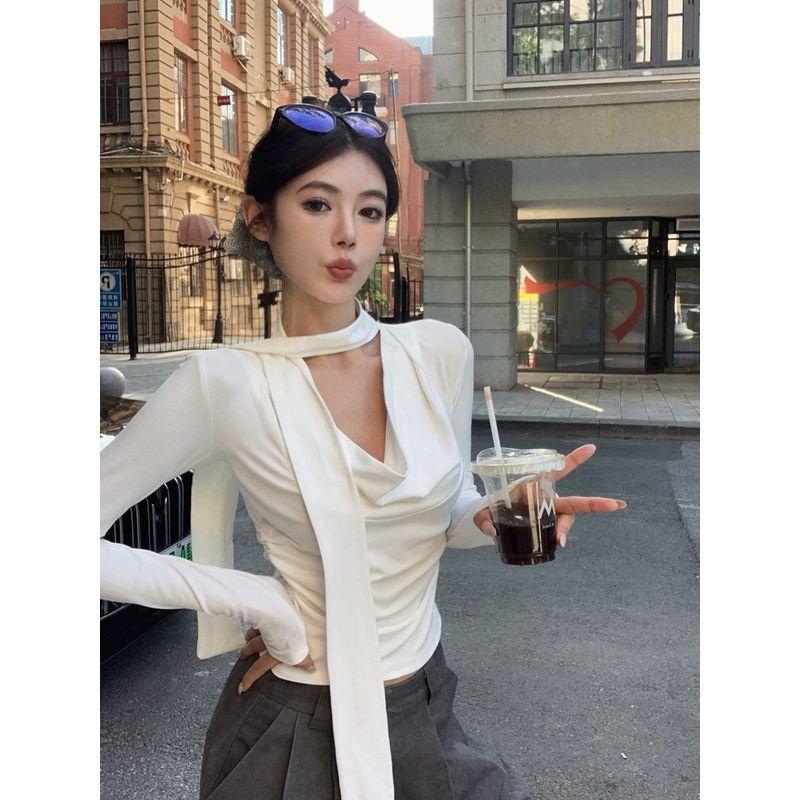 Kumikumi Sexy Wind Black Streamer V Neck Long Sleeves T-shirt Women's Autumn All-Matching Slim Fit Slimming Sexy Top