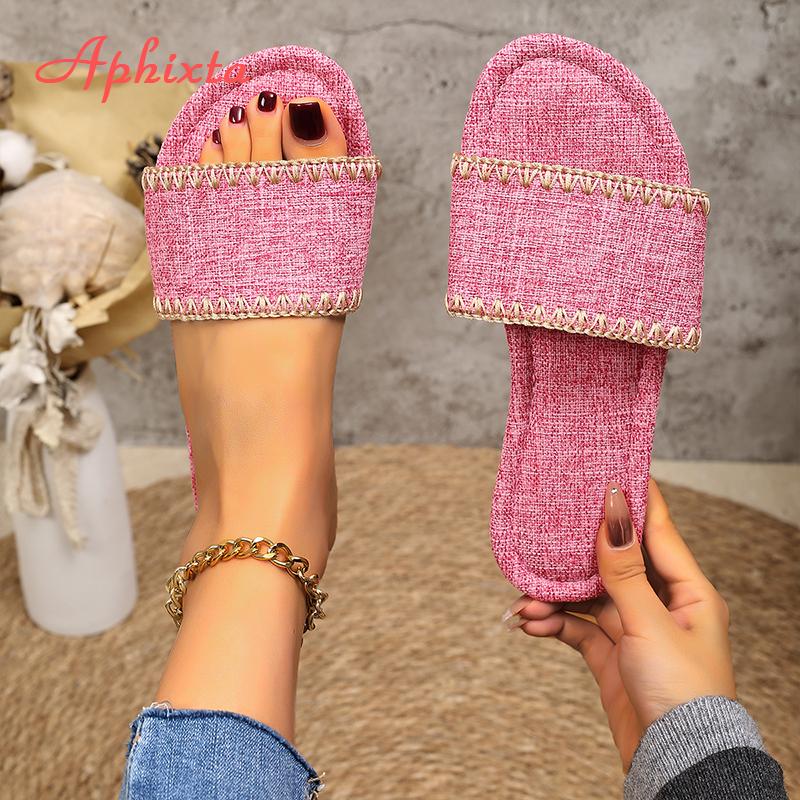 Fashion Aphixta Candy Color Flat With Summer Women Slippers Sewing Canvas Shoes Classic Hollow Round Toe Flip Flops Beach Slide Mules 43