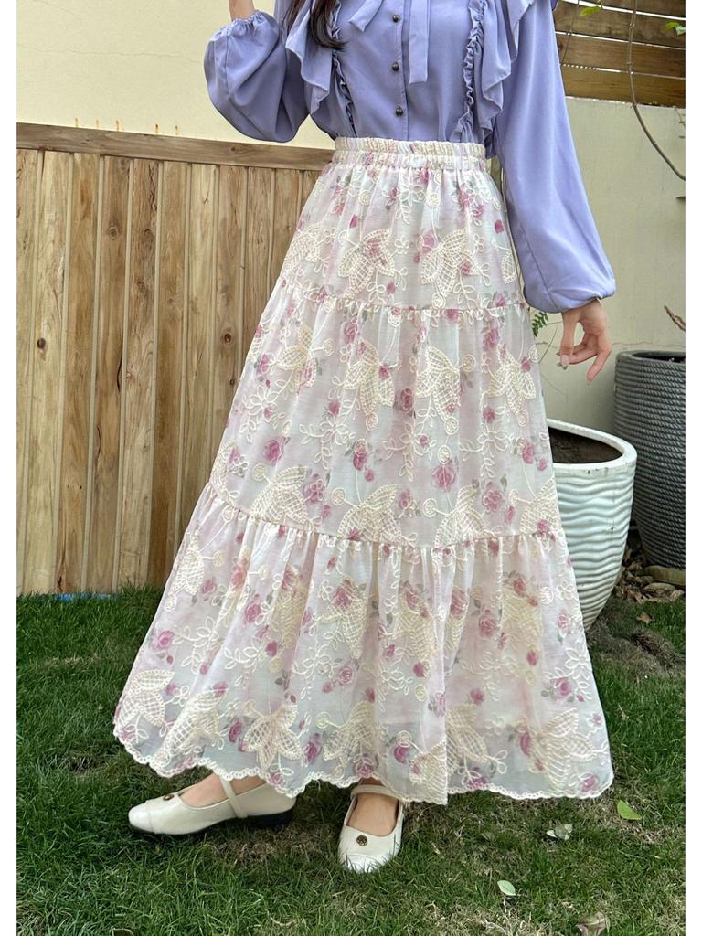 Summer 2025 High-Waist Yellow Floral A-Line Chiffon Skirt for Women R85S657B