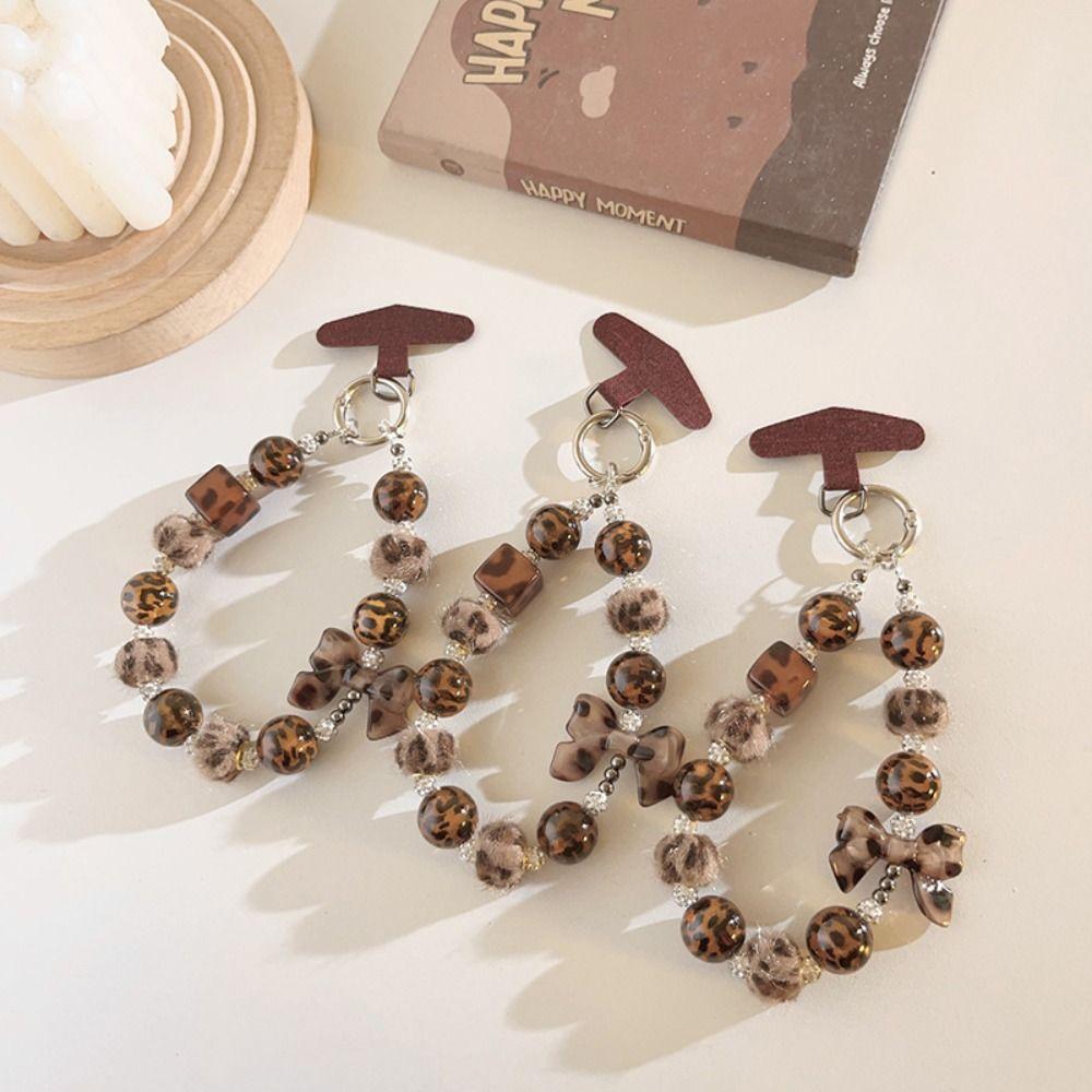Anti-Lost Leopard Print Phone Charm with Plush Ball Bow Beaded Mobile Phone Charm Chic Simple Mobile Phone Lanyard