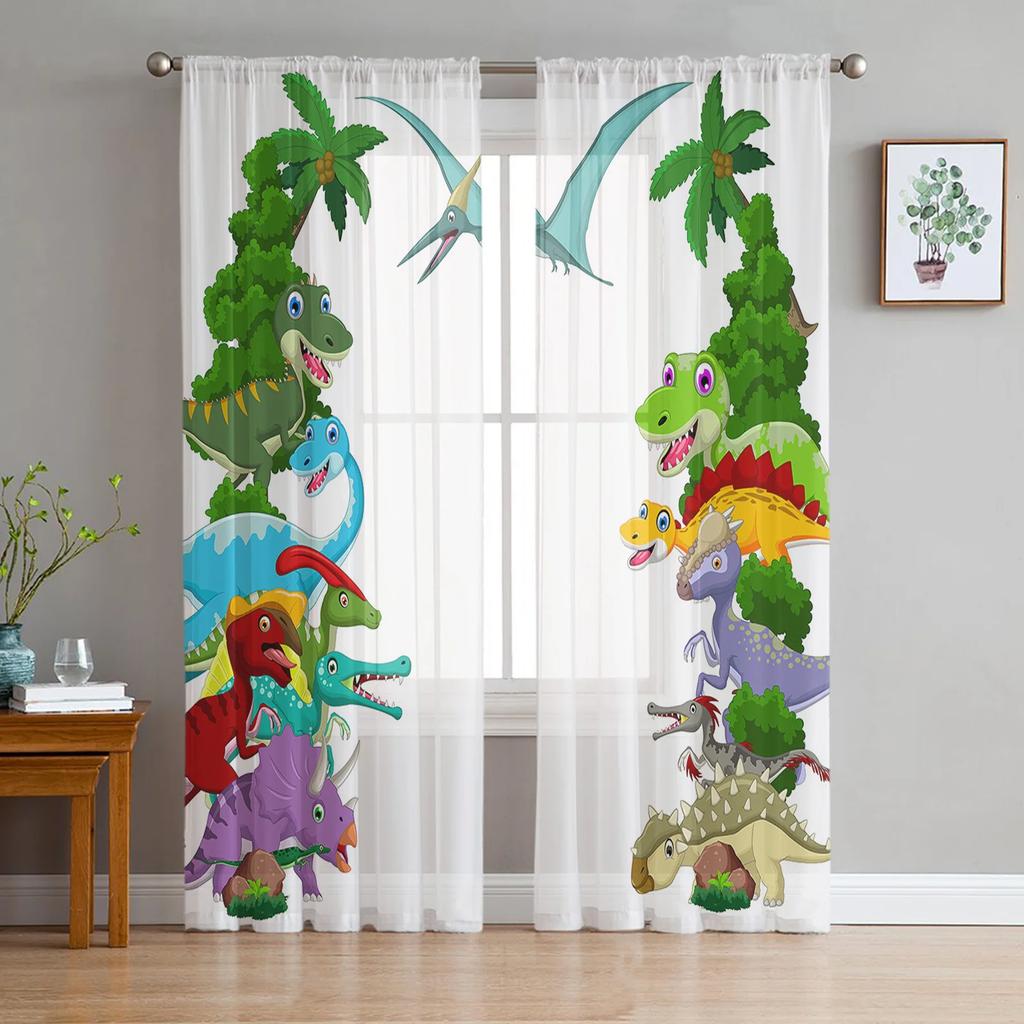 Animal Green Dinosaur Plant Sheer Curtains for Bedroom Living Room Decoration Window Curtain Kitchen Tulle Voile Organza Drapes