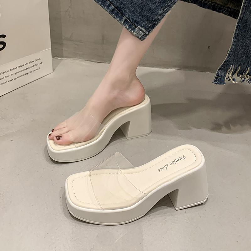 French high heel with skirt fairy style one-word slippers women's outer wear 2025 summer new transparent with thick heel sandals