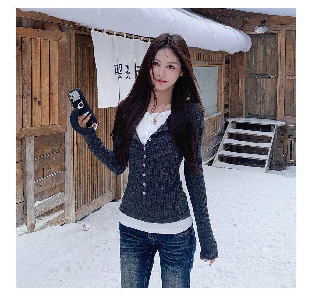 Elegant Grijs Faux Tweestuk Dames T-shirt in Koreaanse Stijl - Herfst/Winter Slankmakend Basislaag Top