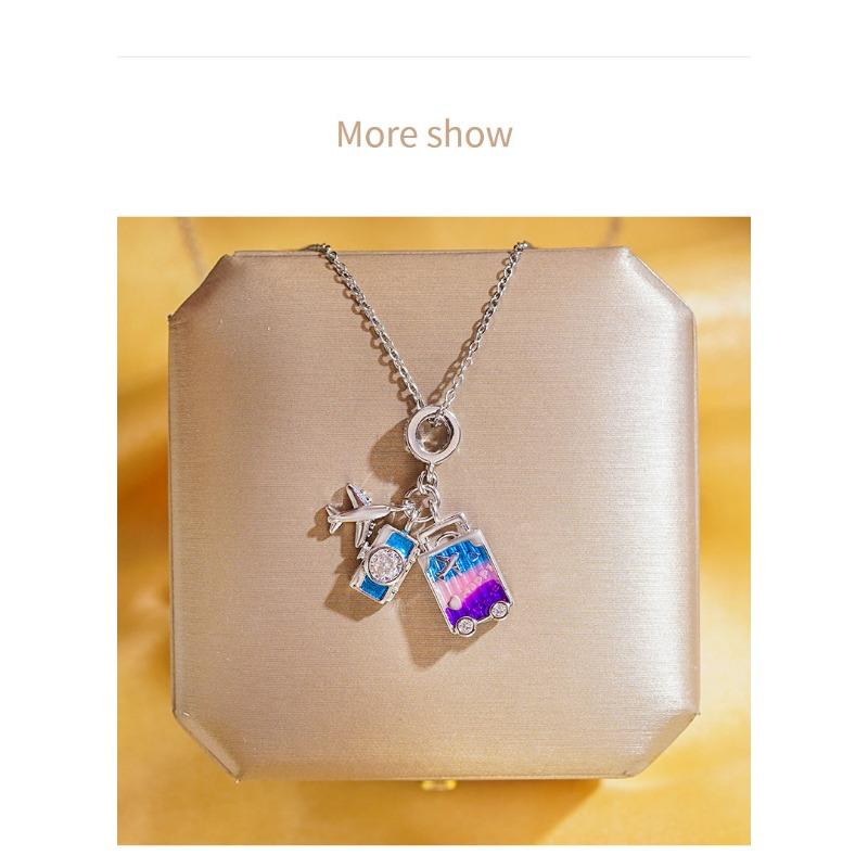 Womens Light Luxury Rainbow Drip Oil Airplane Travel Pendant Clavicle Necklace