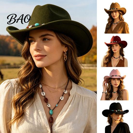 Fashionable Outdoor Felt Hat Wool Fedora, Unisex Western Cowboy Hat, Retro Wide Brim Large Face Slimming Cowgirl Jazz for Women Men Autumn Winter