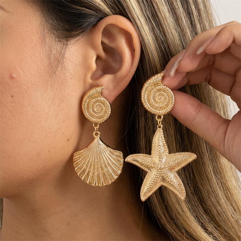 Boho Starfish Shell Conch Asymmetric Dangle Earrings for Women Ocean Style Gold Color Metal Earring Girls Summer Party Jewelry