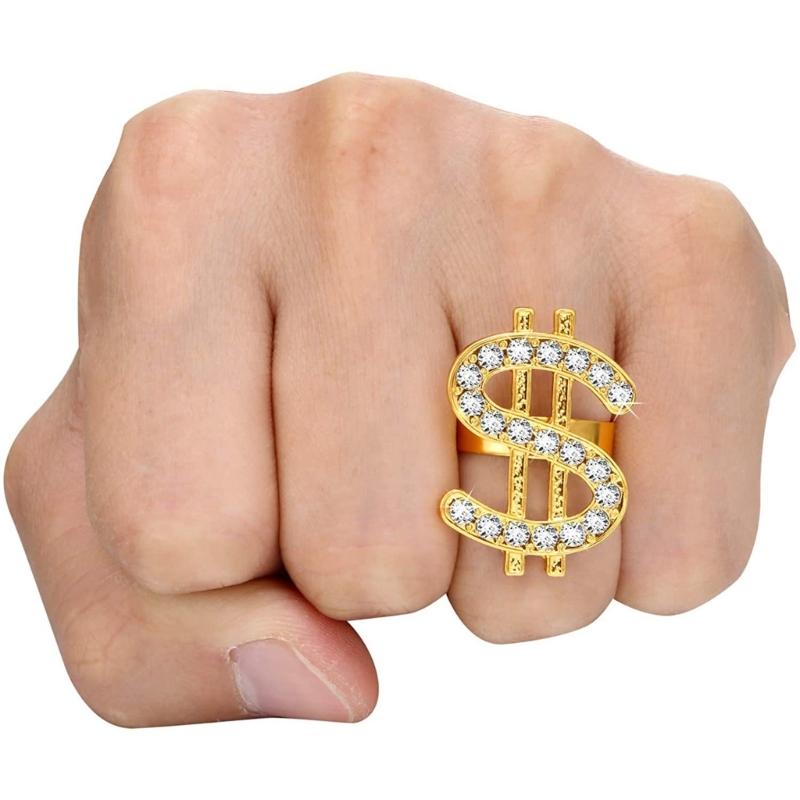 Fashionable 6PCS Dollar Sign Necklace and Rings Set Rapper Jewelry Set Perfect for Street Style and Music Festivals