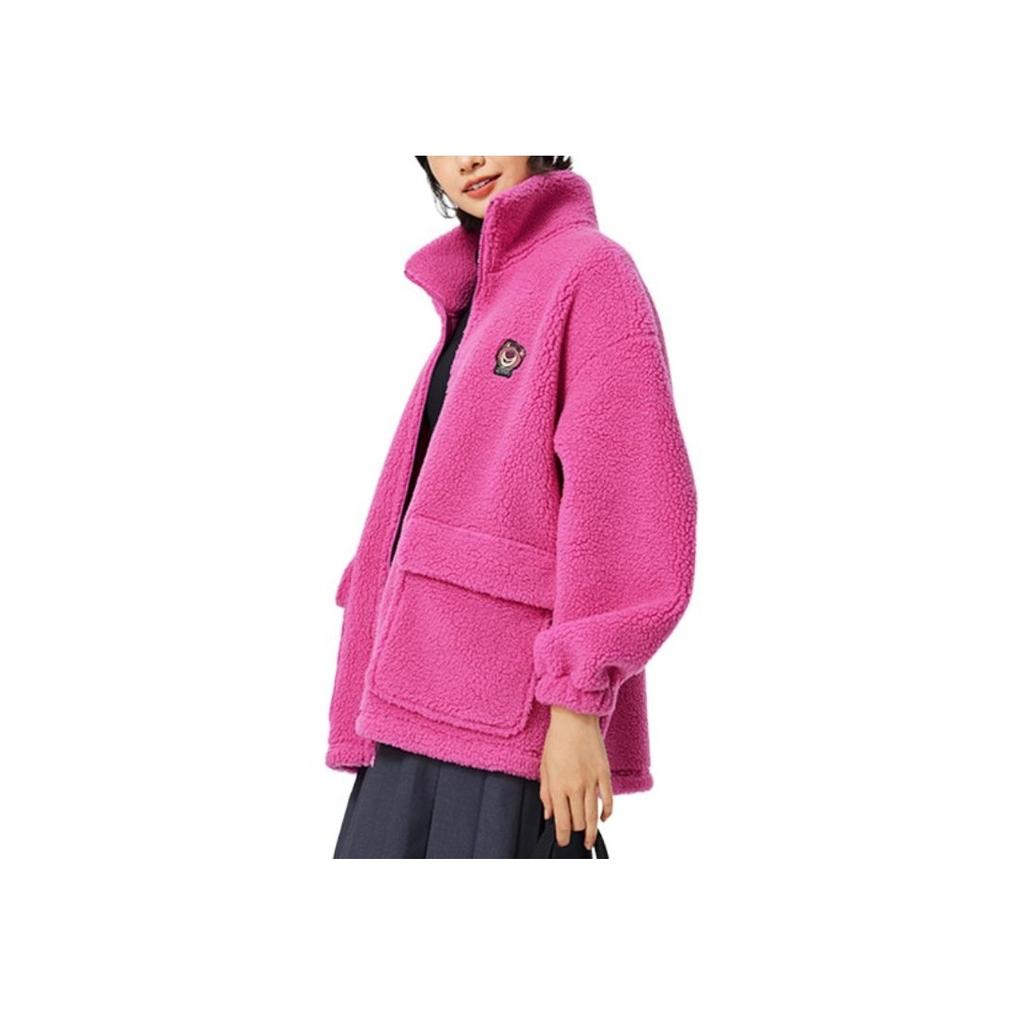 Li Ning X Disney Collaboration Pixar Strawberry Bear Series Comfortable Casual Stand Collar Zipper Simple Print Fleece Jacket Women Jackets AFDU858-2