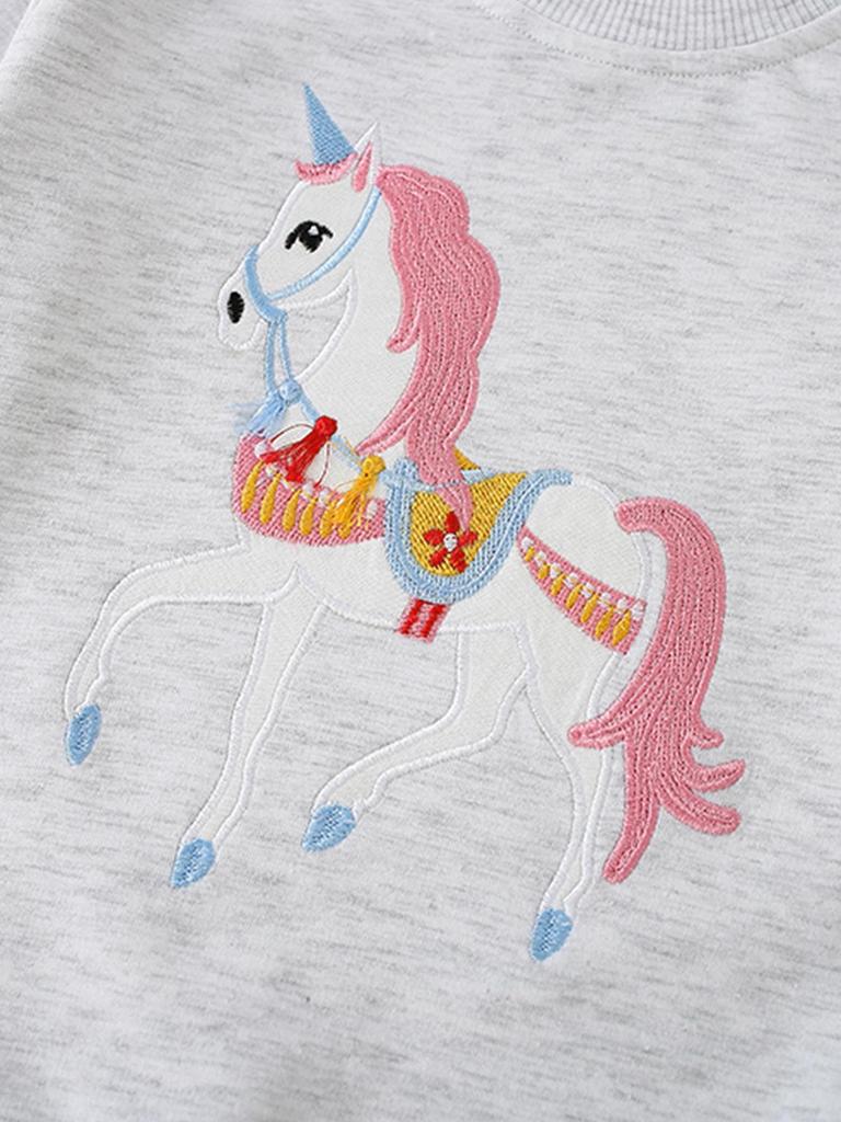 26-Year European & American Style Unicorn Embroidery Girls' Round Neck Long Sleeve Hoodie for Autumn/Winter
