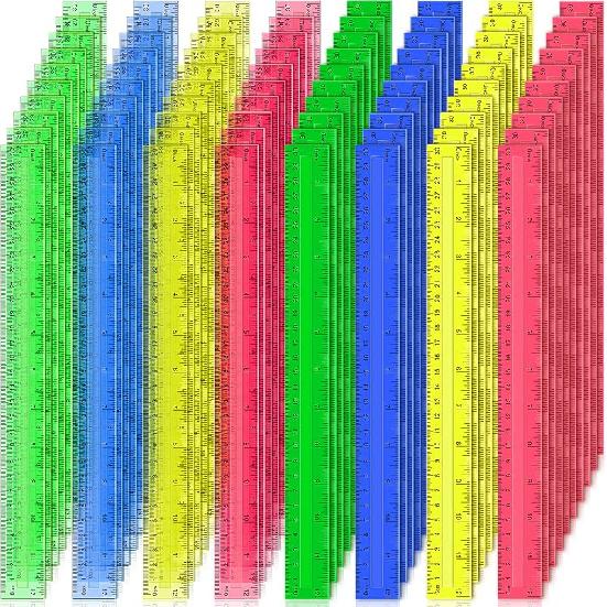 12 Inch Plastic Rulers, 32 PCS Transparent Assorted Color Metric Bulk Rulers with Inches Centimeters Millimeter. Measuring Drawing Tool for Kids,