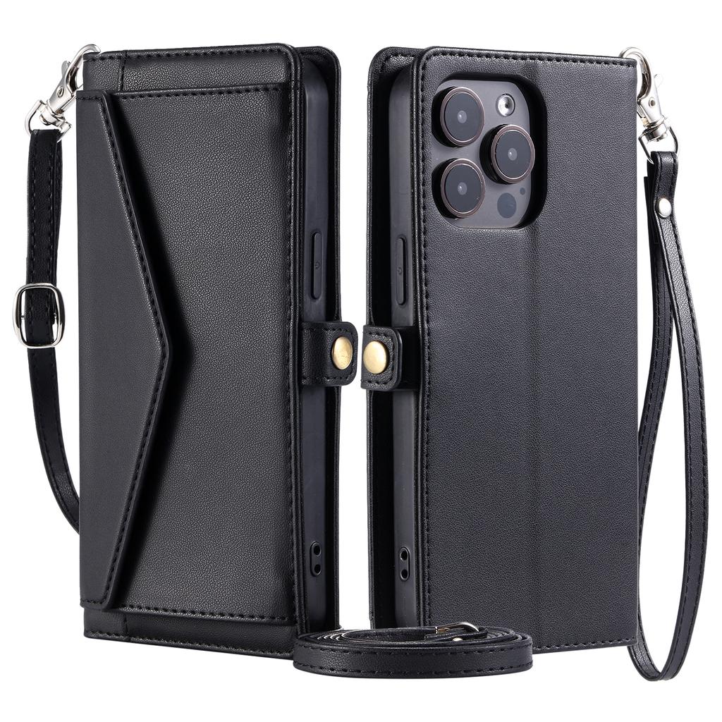 For iPhone 16 Pro Max Leather Case Wallet Stand Phone Cover with Straps