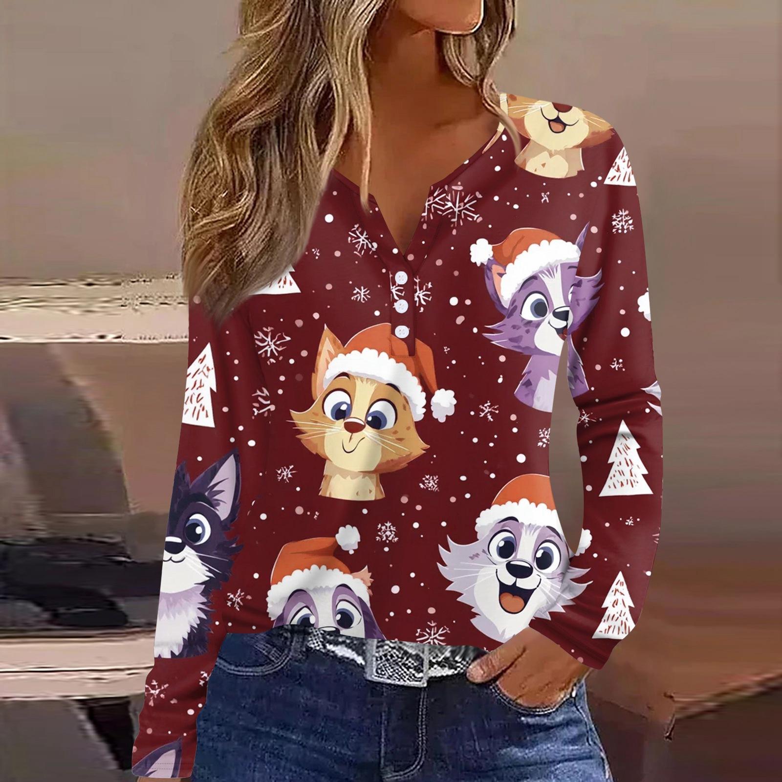 

Женская футболка Футболка Рождественский принт Пуговица Длинный рукав Туника Повседневная Мода для выходных Базовая С V-образным вырезом Обычный топ XXXL винный