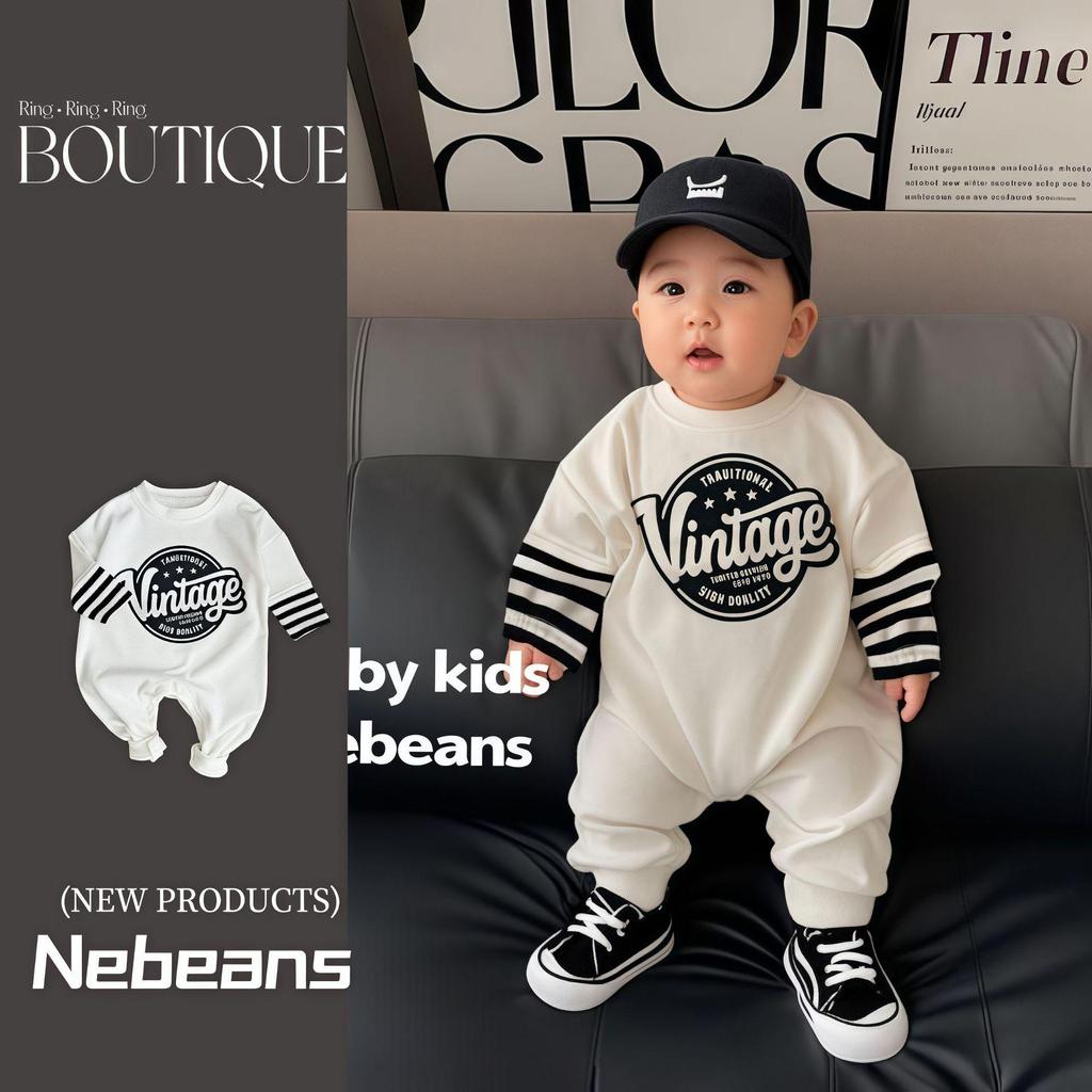 NeBeans Trendy Baby Romper: Spring & Autumn Cotton Bodysuit for Boys & Girls - American Letter Design, Soft & Comfy.