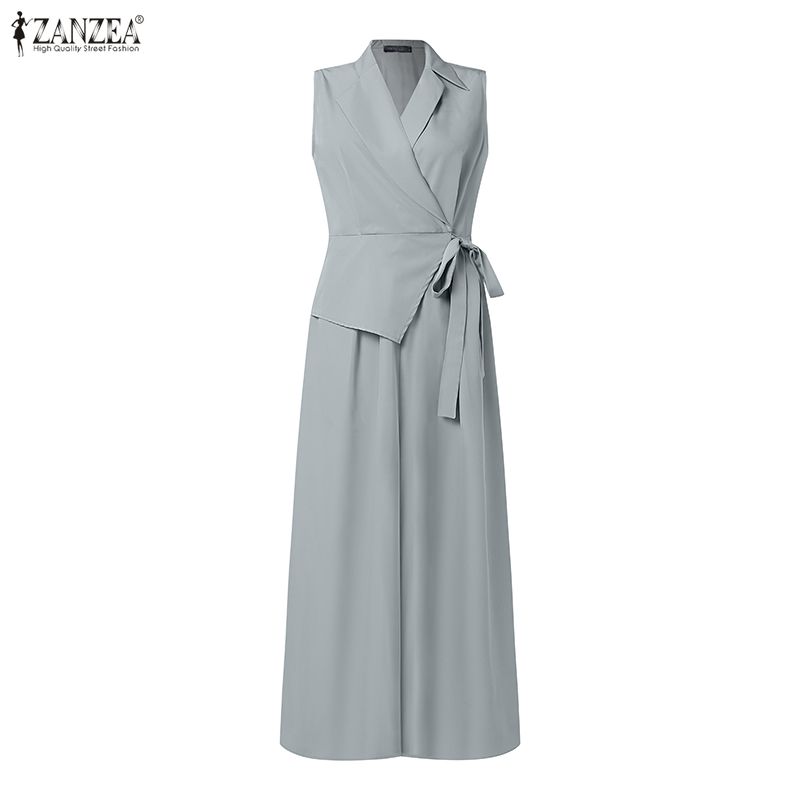 ZANZEA Women Casual Turn Down Collar Summer Sleeveless Wide Leg Jumpsuits