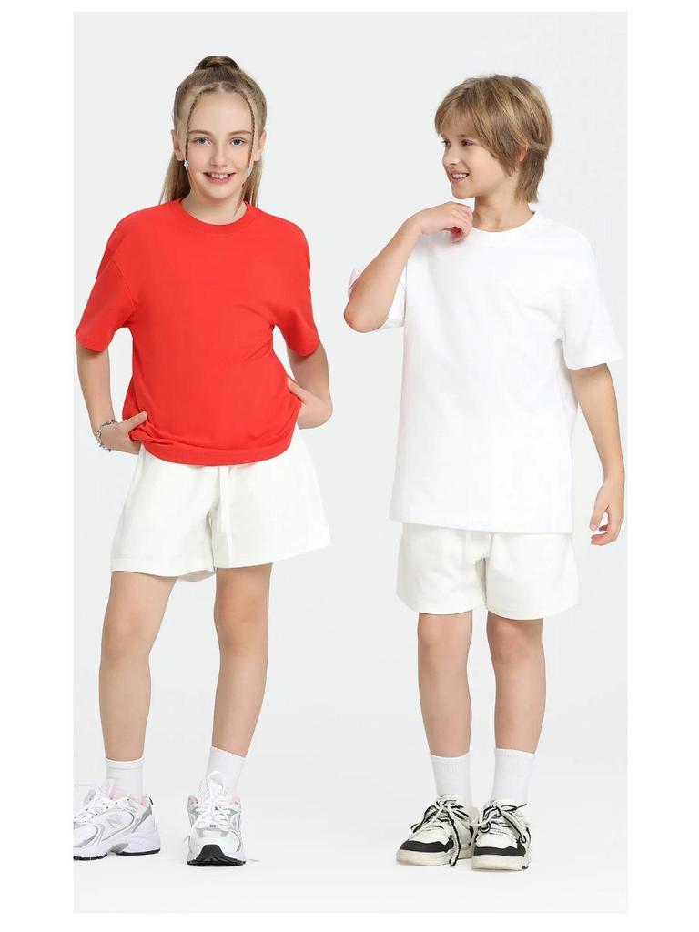 LVLV | Kids & Teens 240g Pure Cotton Loose Fit Retro Short Sleeve Parent-Child T-shirt, Class Uniform Trendy