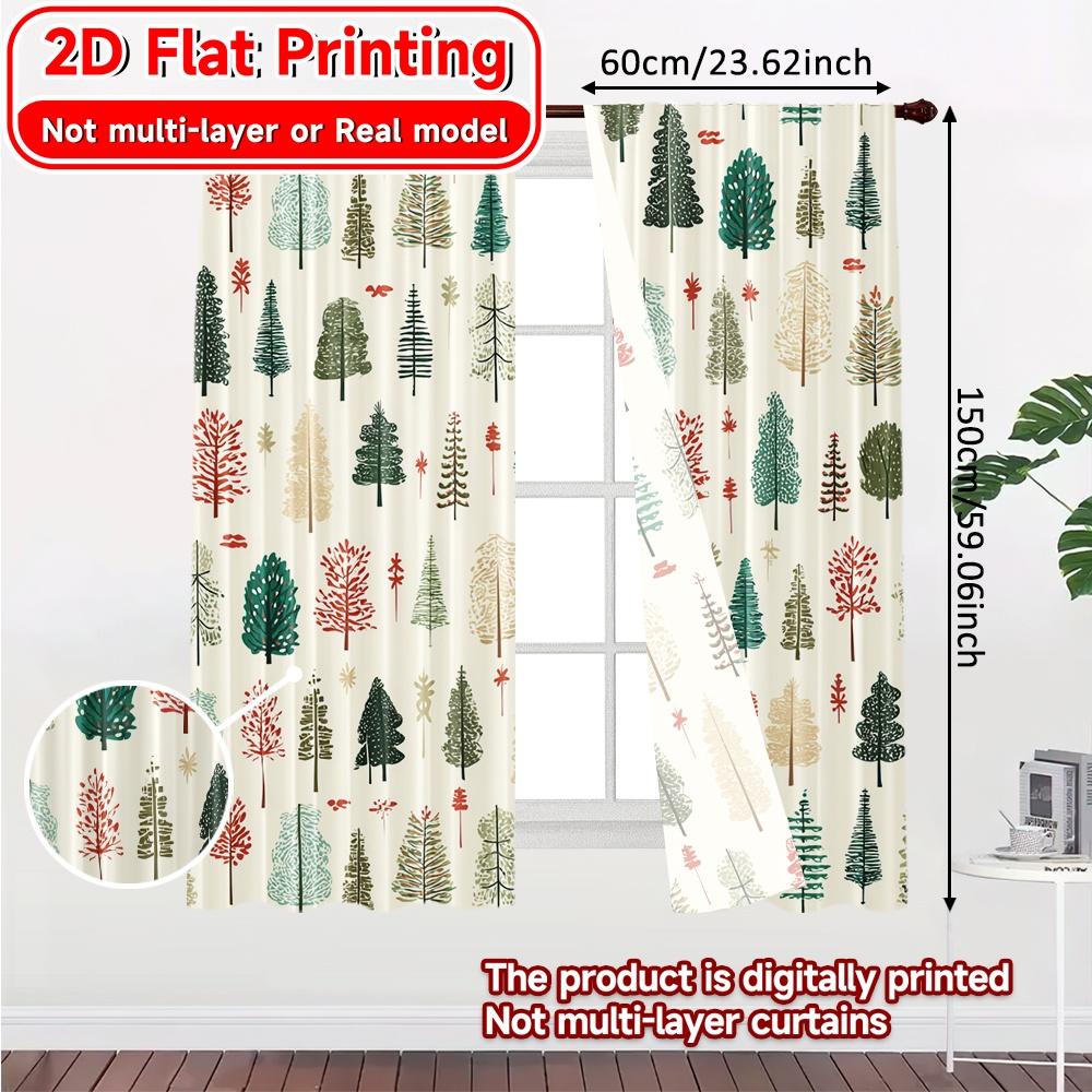 Set Of 2 Flat Printing Curtains Without Rod Christmas Tree Decor Holiday New Year Printed Prints Curtain Sheer Made Polyester
