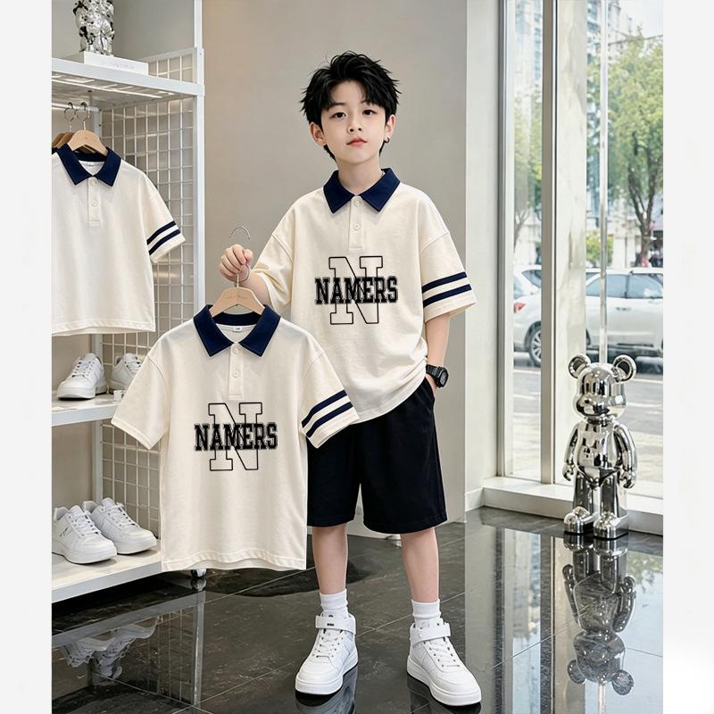 Boys' Cotton Polo T-Shirt Set - Summer 2026, Letter Color Block, Short-Sleeved, for Older Kids