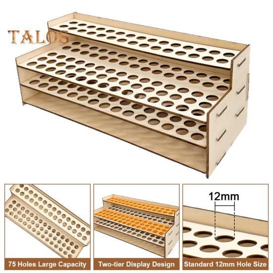 Wooden Paint Brush Holder 75 Holes Desk Stand Pen Storage Organizer Large Capacity 2 Tier Art Tools Compartment Display Rack for Table Wall