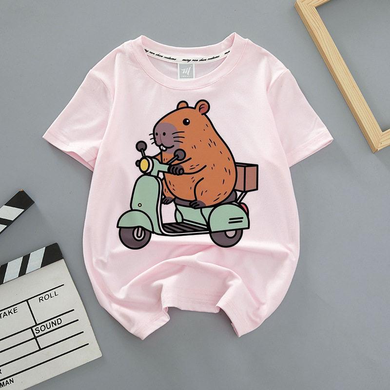 Capybara Summer Childrens Wear Shortsleeved Capybara Cute Childrens Roundneck Pink Trendy Brand Breathable Tshirt 100