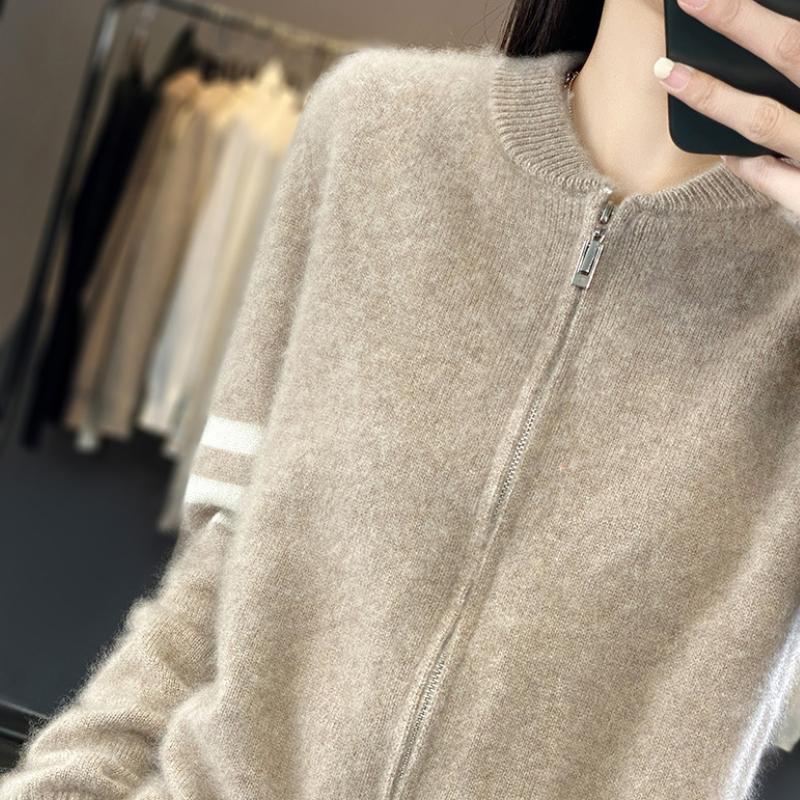 Women's Wool Round Neck Cardigan Spring and Autumn Casual Loose Zipper Knitted Color Block Long-sleeved Wool Jacket Top