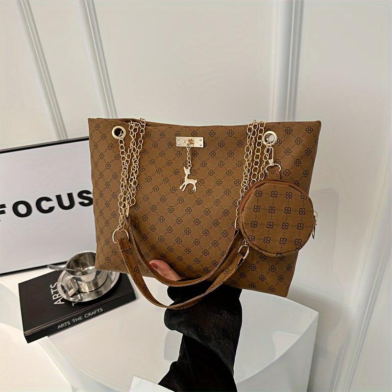 

Елегантний жіночий вінтажний набір сумок через плече на ланцюжку з великою сумкою-тоут та відповідним гаманцем, магнітна застібка, поліестерова підкладка темно-коричневого кольору