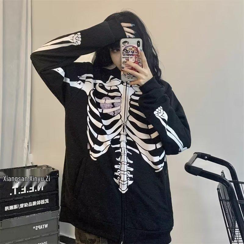 

Unisex Gothic Skeleton Zipper Hoodie - Harajuku Style, European & American 2025 XXL чорний