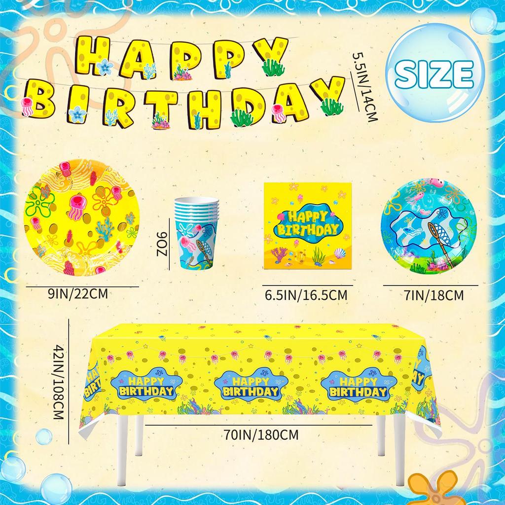 16 Guests Cartoon Sponge Birthday Decorations, Yellow Square Sponge Party Plates, Under the Sea Party Supplies, Pineapple Party Plates