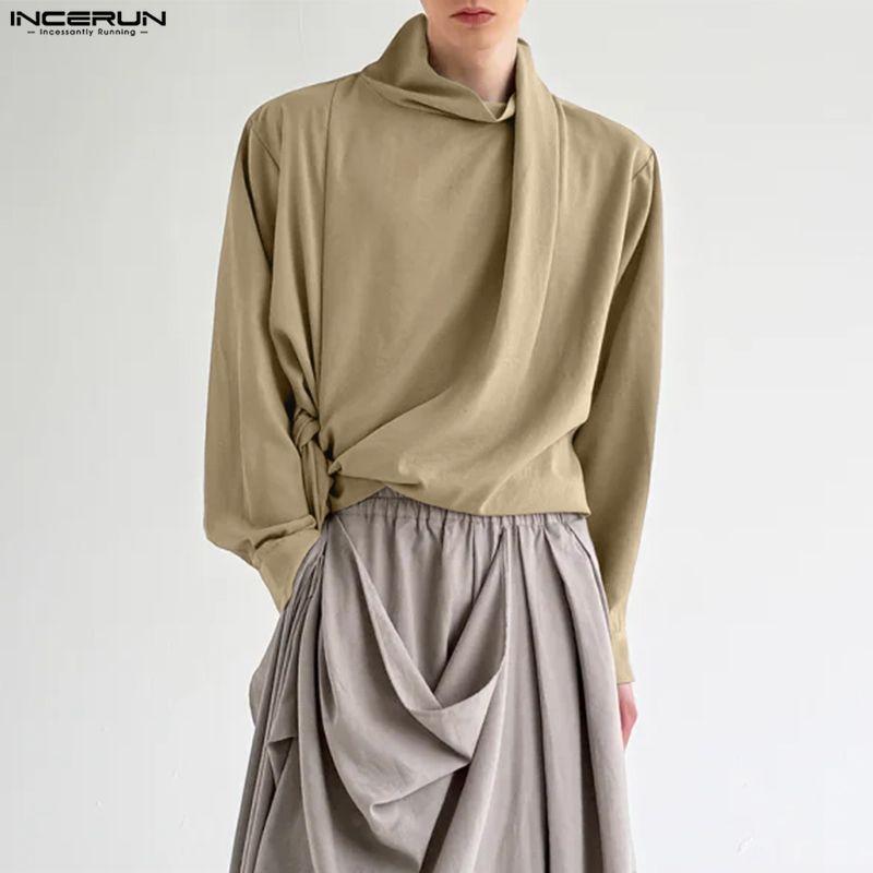 INCERUN Oversized Men Casual High Neck Long Sleeve Side Twisted Shirts Tops